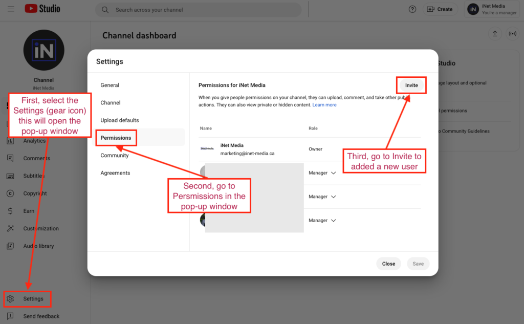 YouTube settings and users